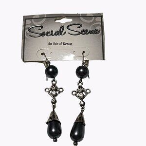 Black Teardrop Drop Earrings Silver Tone Faux Diamonds Evening Costume Jewelry